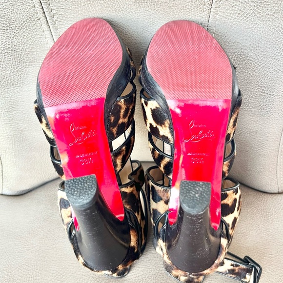 Christian loub Keny 120 Leopard Calf Hair Brown Black Gladiator Peep Toe 38 1/2 - Picture 14 of 16